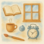 Ilustração em aquarela com objetos do cotidiano — despertador, xícara de café, livro aberto, janela e pincel.